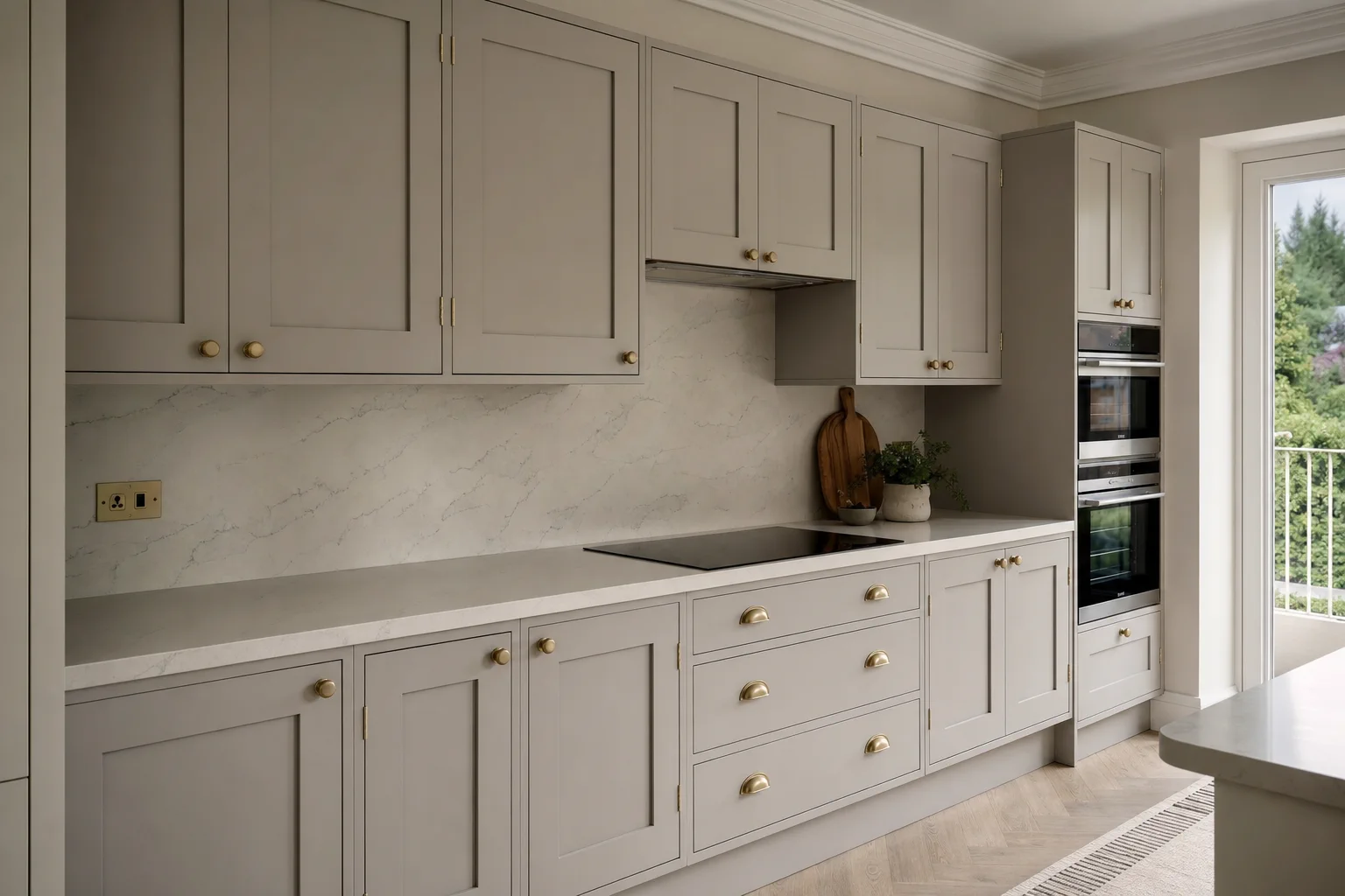 Pebble grey kitchen cupboards after respray