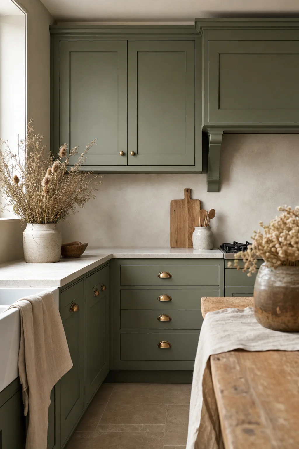 Sage green kitchen cupboards after respray
