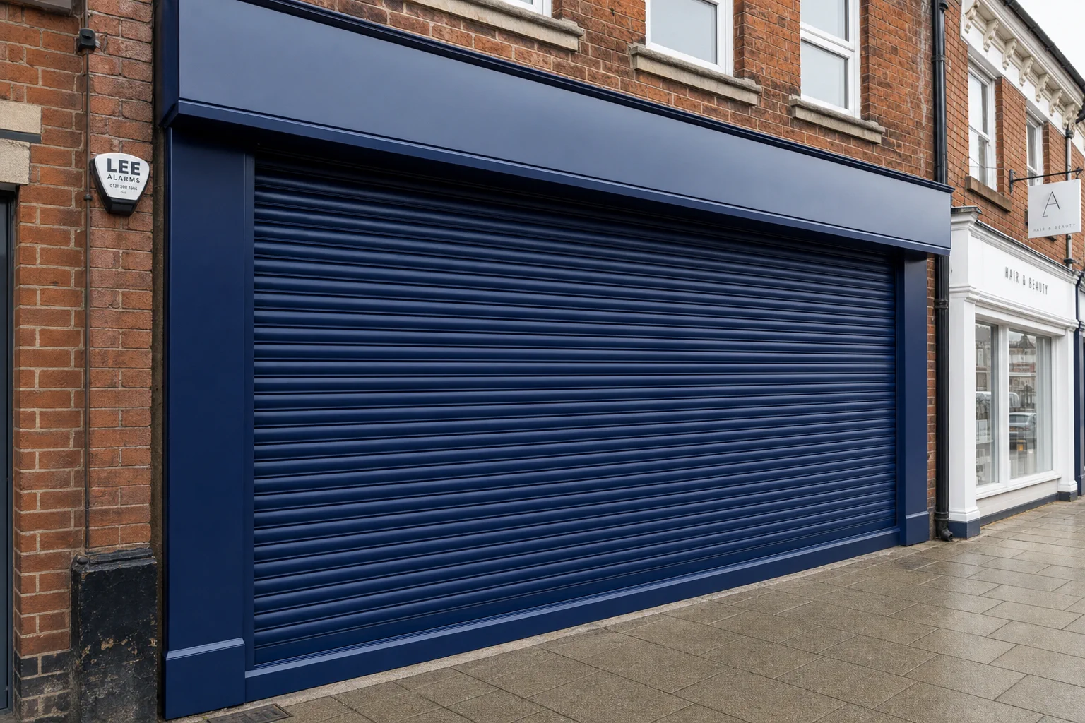 Navy blue commercial roller shutter after respray