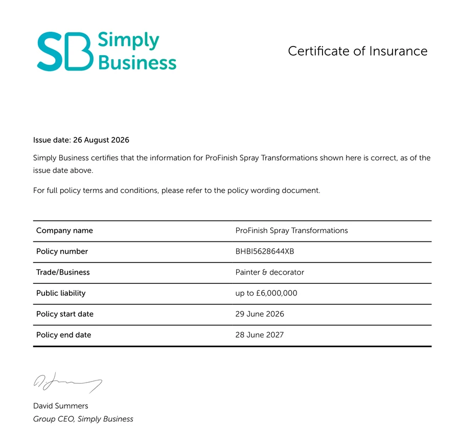 Simply Business certificate of insurance for ProFinish Spray Transformations, showing £6,000,000 public liability cover valid to 28 June 2027