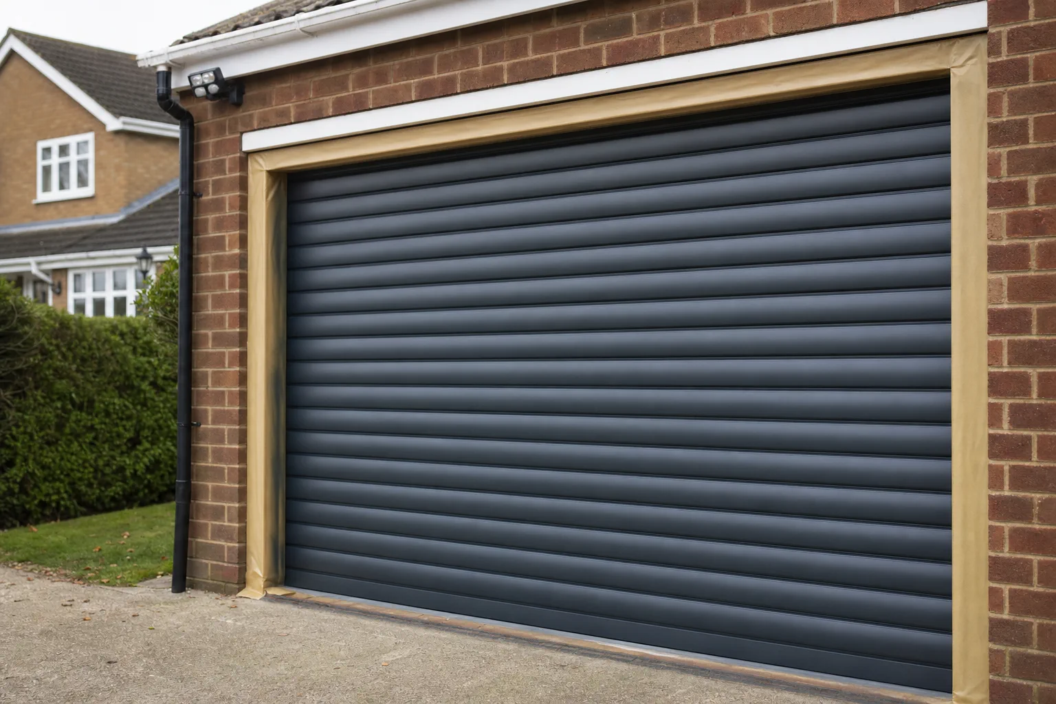 Jay spraying an anthracite grey garage door on a UK house exterior